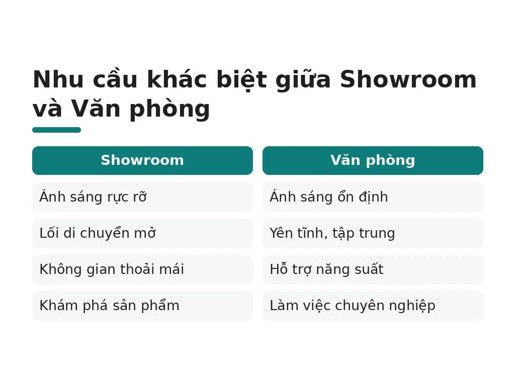 Nhu cầu khác biệt giữa Showroom và Văn phòng