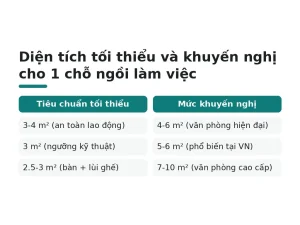 Diện tích tối thiểu và khuyến nghị cho 1 chỗ ngồi làm việc