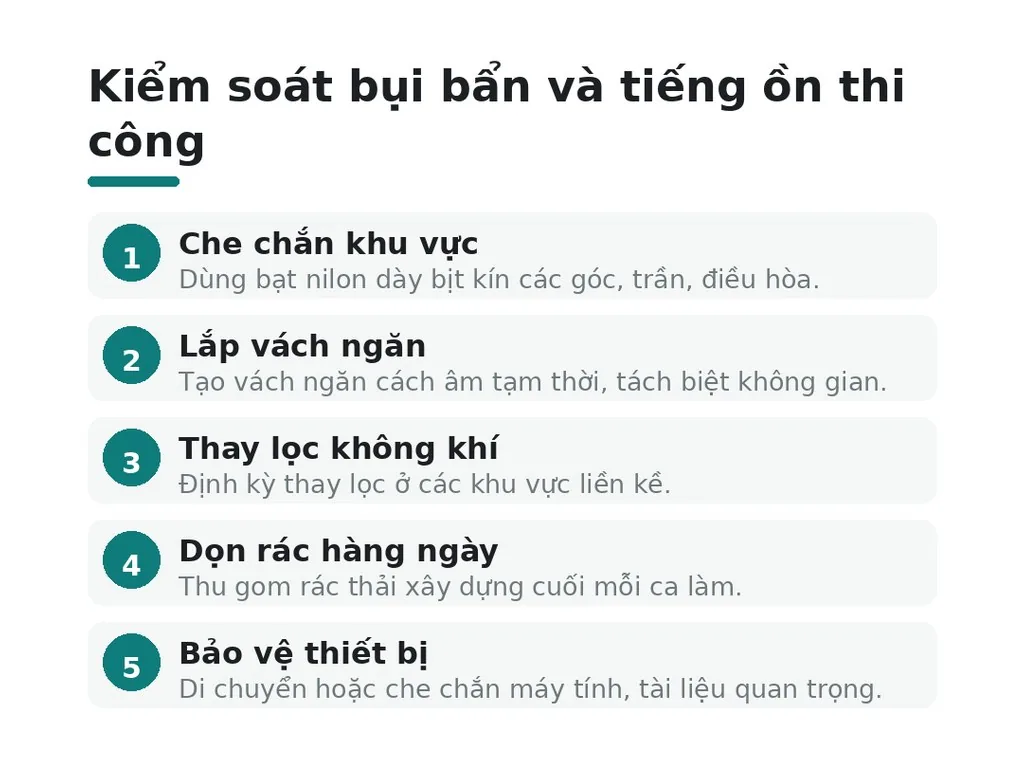 Làm sao kiểm soát bụi bẩn, tiếng ồn và bảo vệ thiết bị khi thi công?